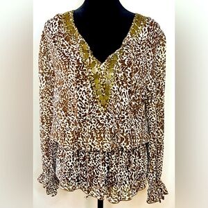 Shiloh 770 leopard print Long sleeve v neck sexy chic peplum 90’s disco club med